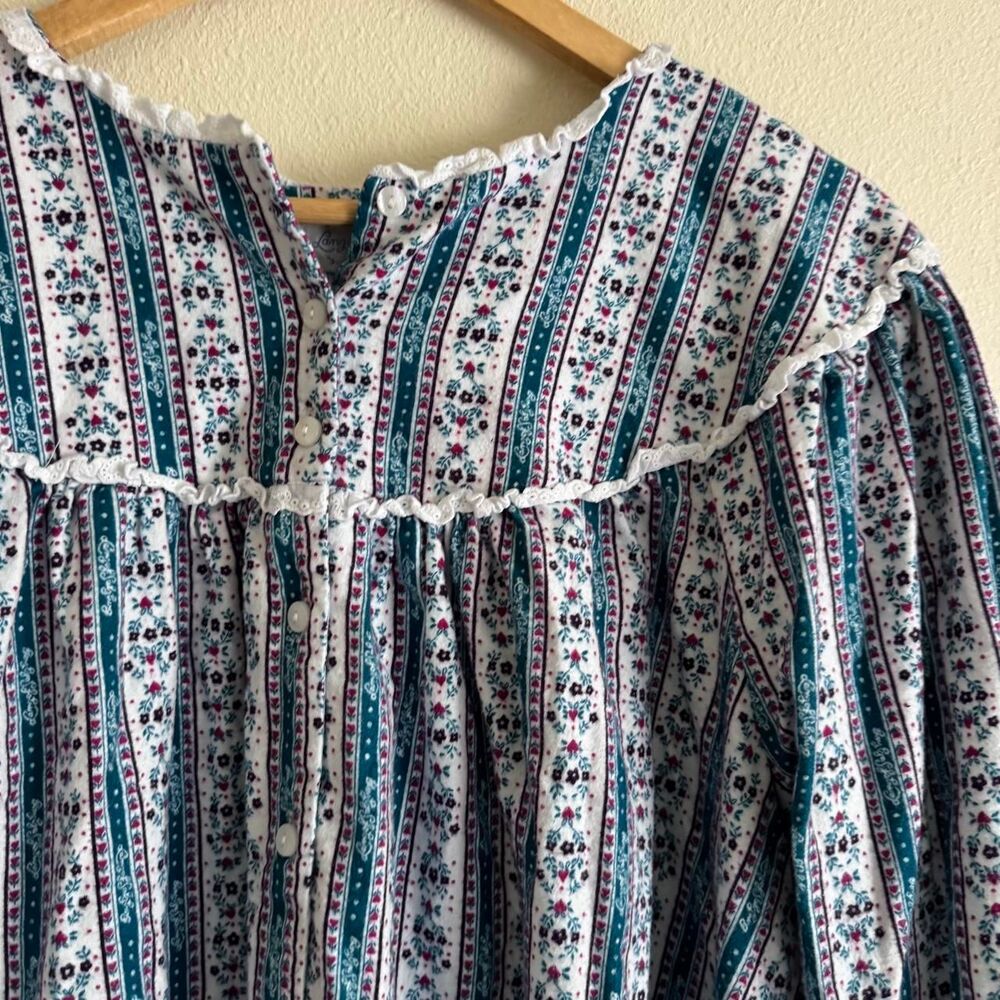Lanz of Salzburg 1X Cotton Flannel Nightgown Floral Stripe Prairie Cottagecore